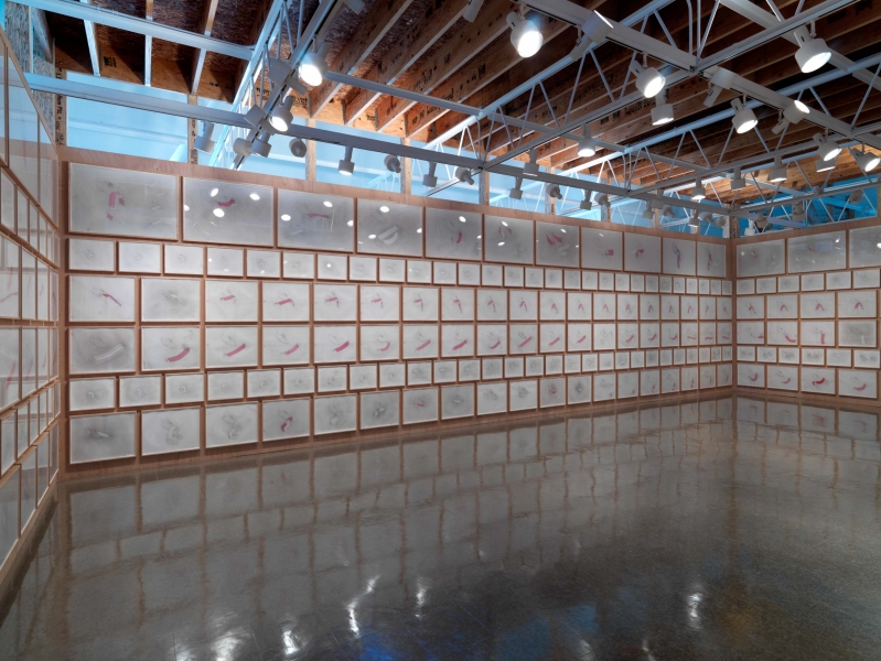 Wooden walls covered in rectangular drawings of various sizes