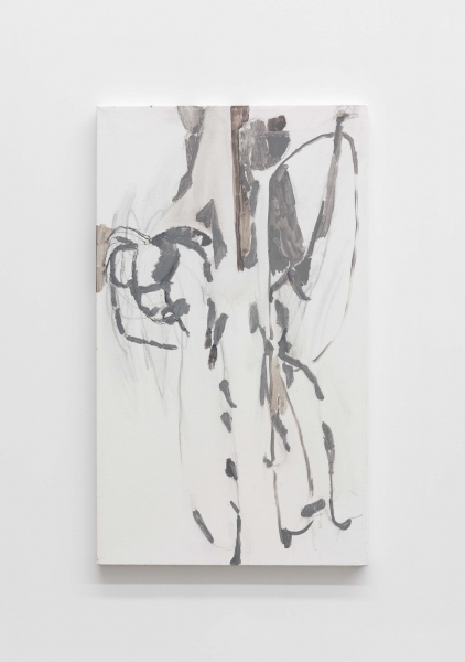 A thin white painting, with black lines, blue and dark gray smears leaving a triangle of white space at bottom left