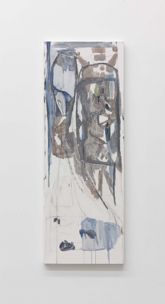 A thin white painting, with black lines, blue and dark gray smears leaving a triangle of white space at bottom left