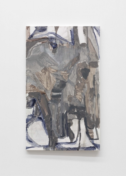 A thin white painting, with black lines, blue and dark gray smears leaving a triangle of white space at bottom left