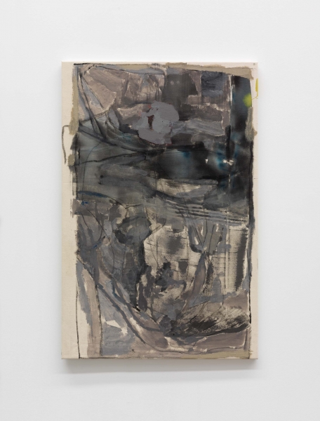 A thin white painting, with black lines, blue and dark gray smears leaving a triangle of white space at bottom left