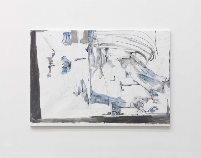 A thin white painting, with black lines, blue and dark gray smears leaving a triangle of white space at bottom left