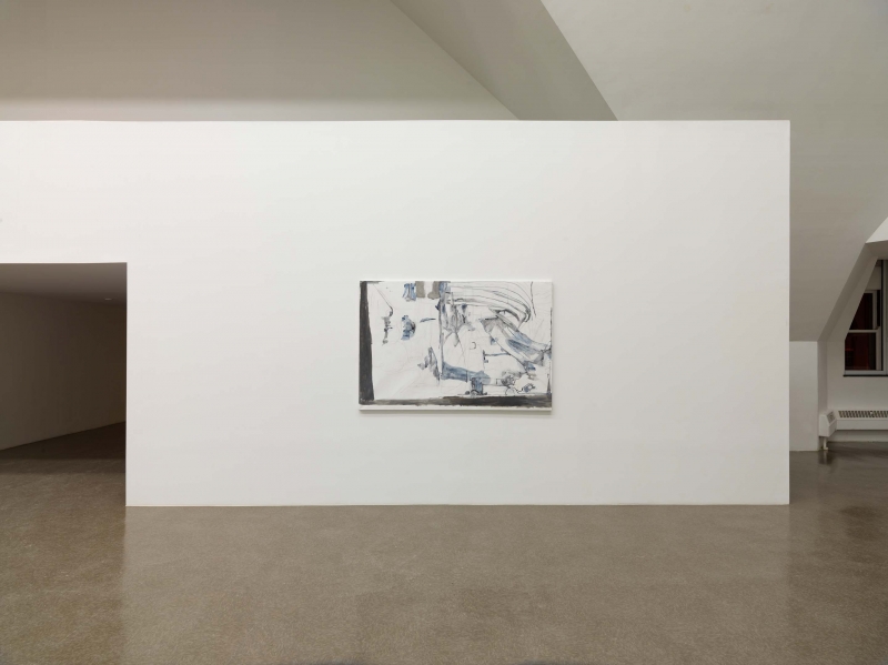 A thin white painting, with black lines, blue and dark gray smears leaving a triangle of white space at bottom left