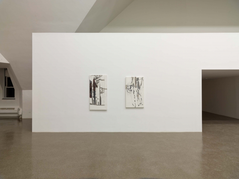 A thin white painting, with black lines, blue and dark gray smears leaving a triangle of white space at bottom left