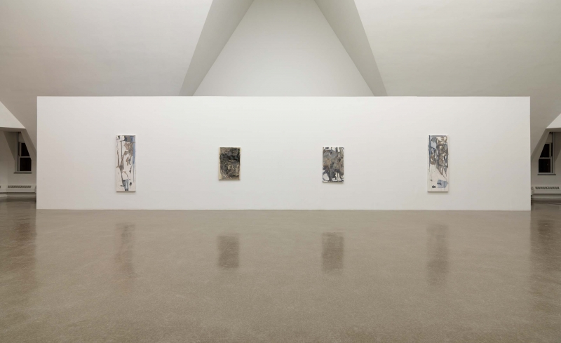 A thin white painting, with black lines, blue and dark gray smears leaving a triangle of white space at bottom left