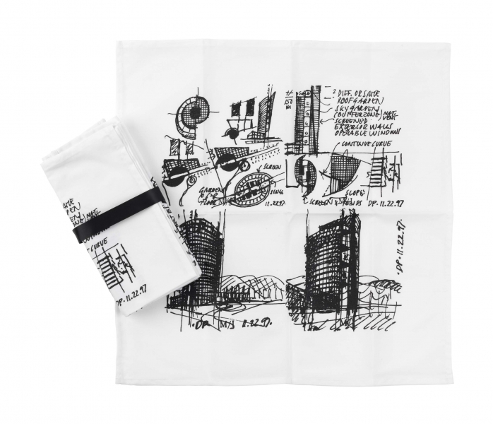White fabric napkin with drawings in black ink