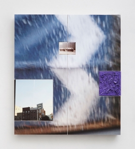 Three photographs, arranged in a triangle, layered atop a larger detail photograph