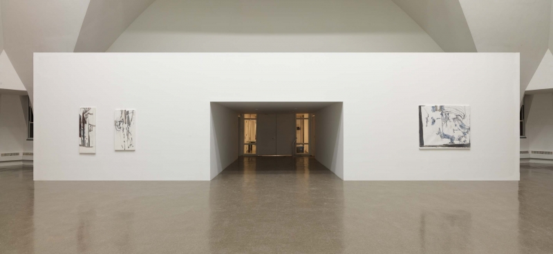 A thin white painting, with black lines, blue and dark gray smears leaving a triangle of white space at bottom left