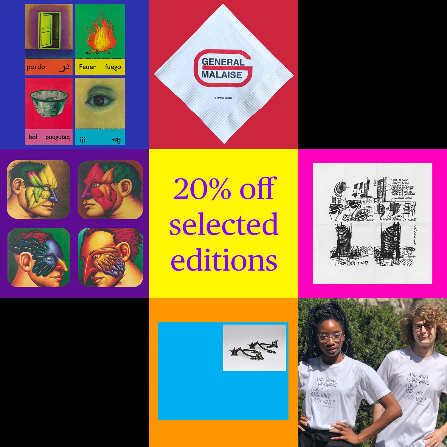 A 3x3 grid advertises a sale for editions, one edition per square, with the top right and bottom left corners blacked out.