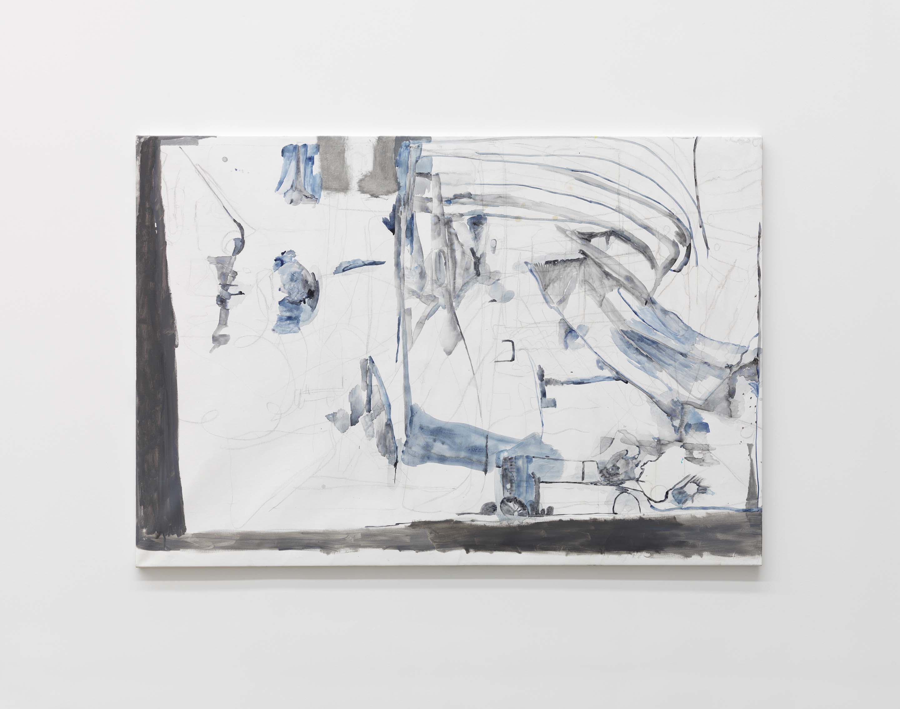 A thin white painting, with black lines, blue and dark gray smears leaving a triangle of white space at bottom left