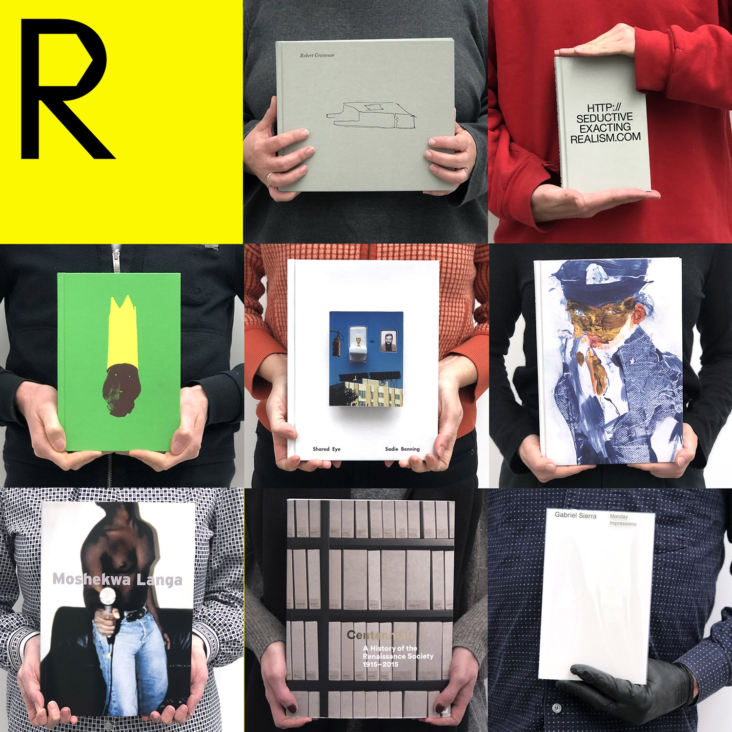 A 3x3 grid shows eight images of people holding books in front of their torsos, one image per square, logo in top left corner.
